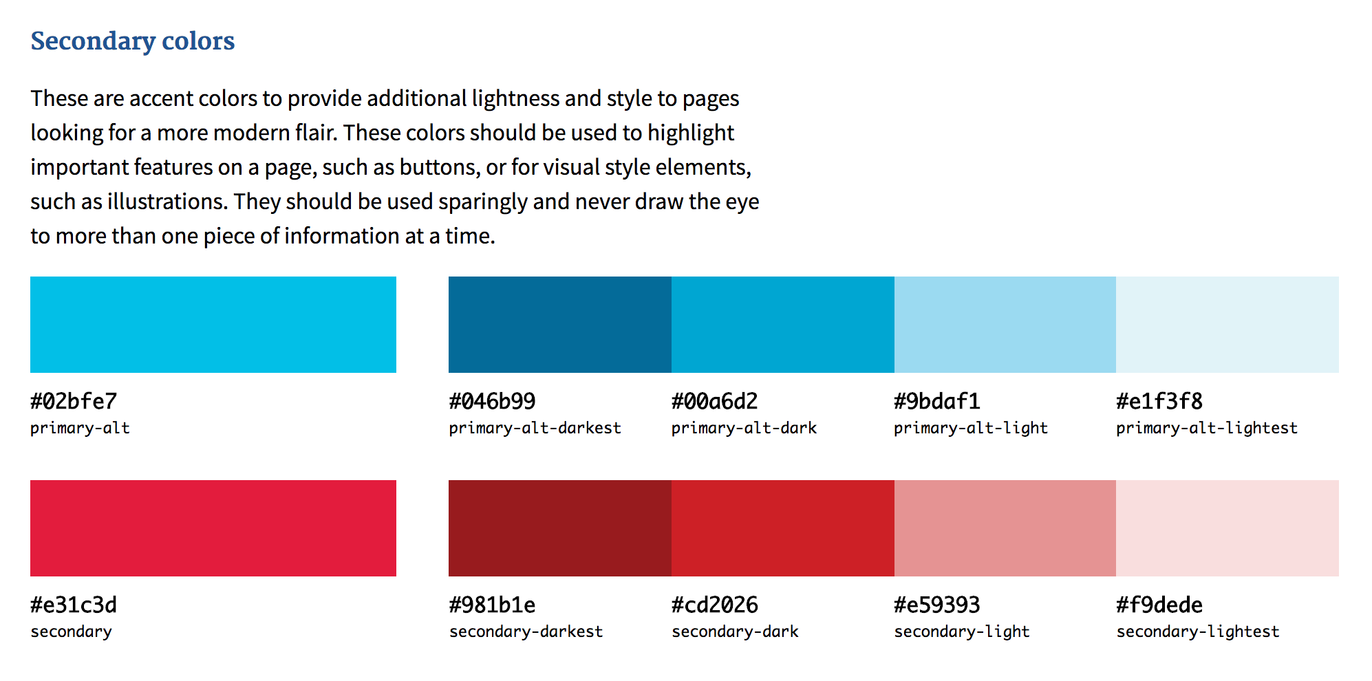 Secondary colors of bright blue and red from the color palette