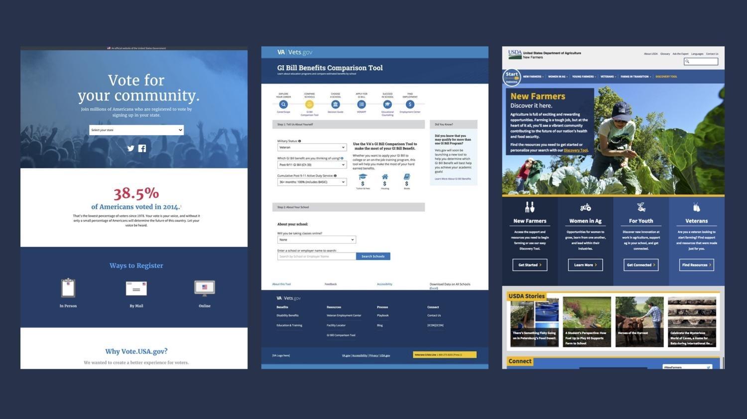 Three images in a row of examples of websites that have used the Standards
