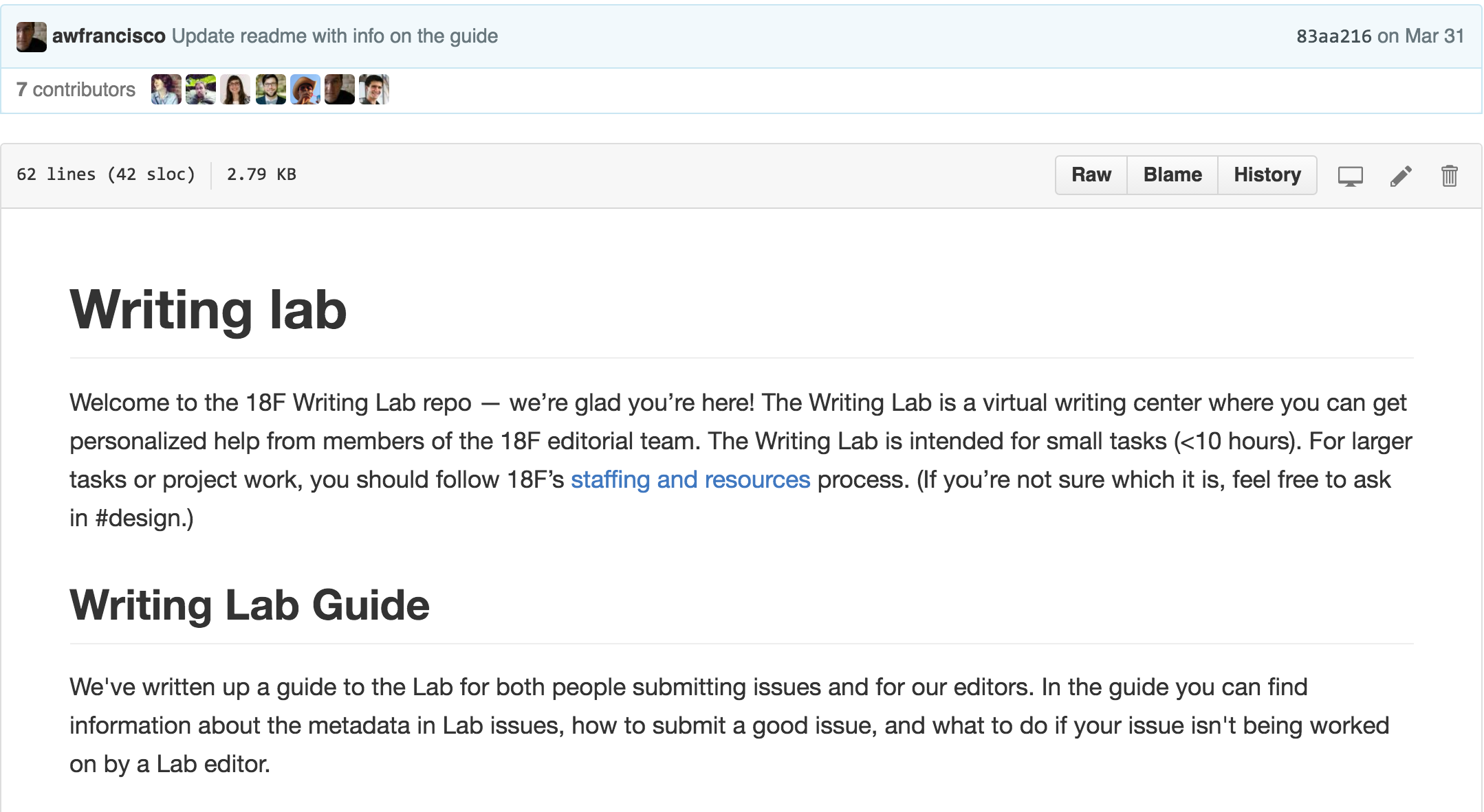 Screen shot of writing lab GitHub page