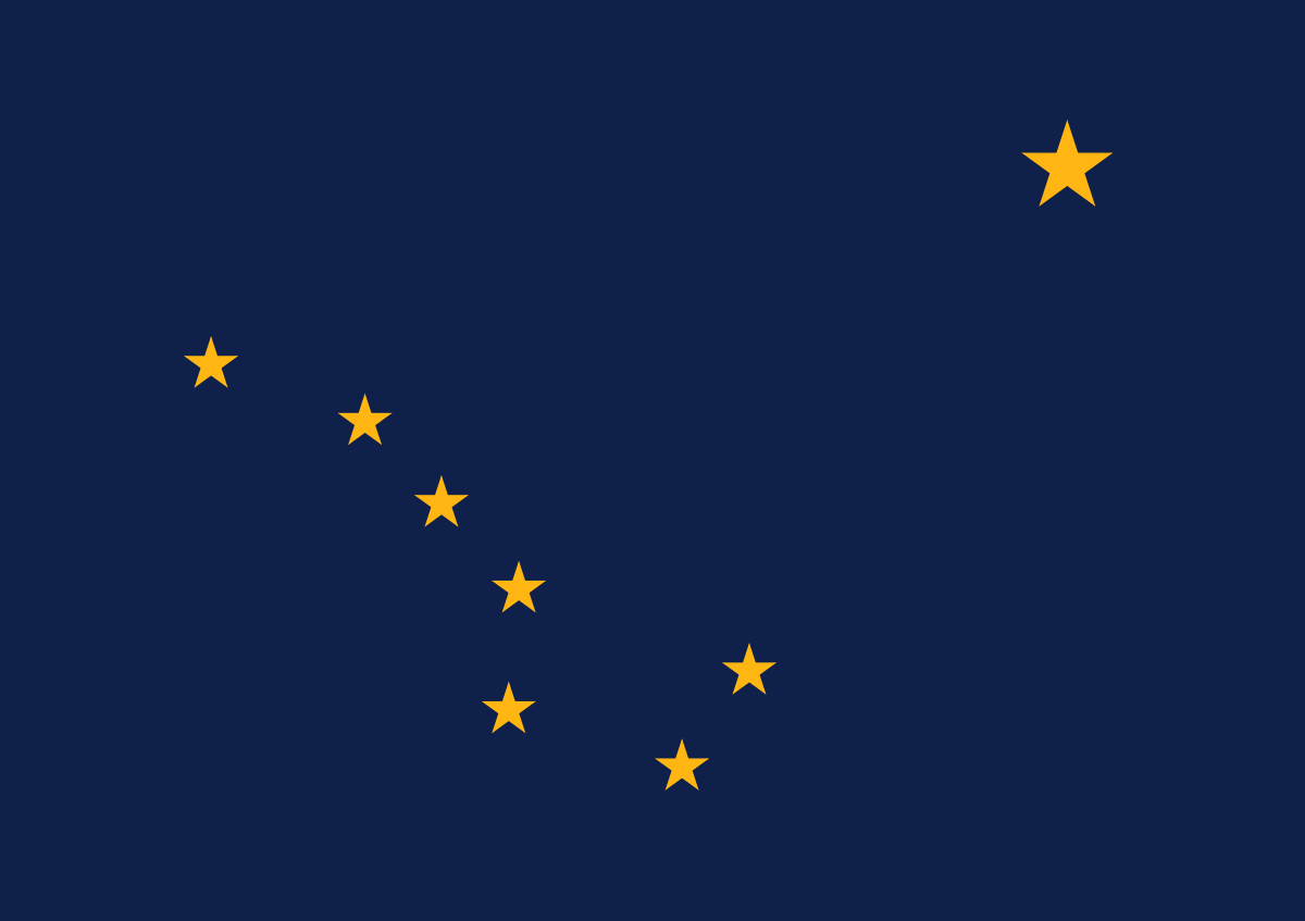 Alaska state flag. The flag consists of eight gold stars, forming the Big Dipper and Polaris, on a dark blue field.