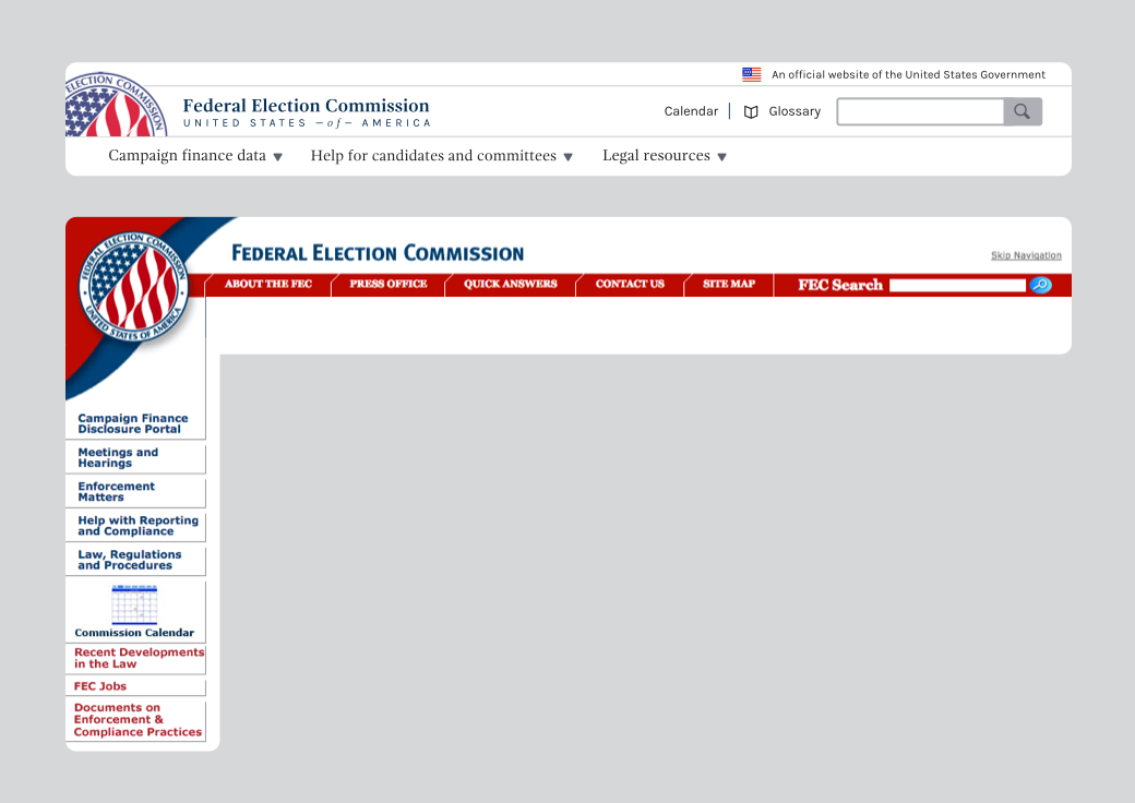 Comparison of the new and old navigation, where the new navigation fits into one horizonal area and uses plain language. The older navigation goes along the top of the page and the side, with more formal language and less legible typefaces.