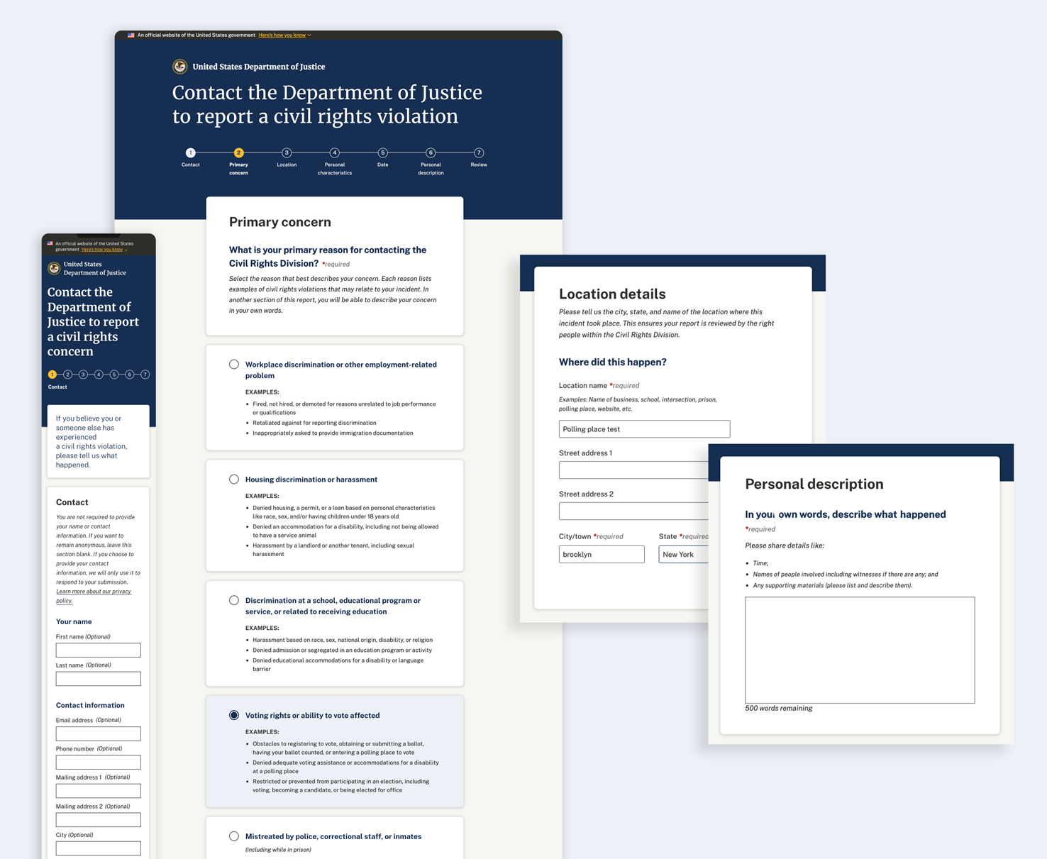 Screenshots showing how people can report civil rights violations with the new complaint portal, including fields for contact information, type of concern, location of the violation, and additional comments about what happened