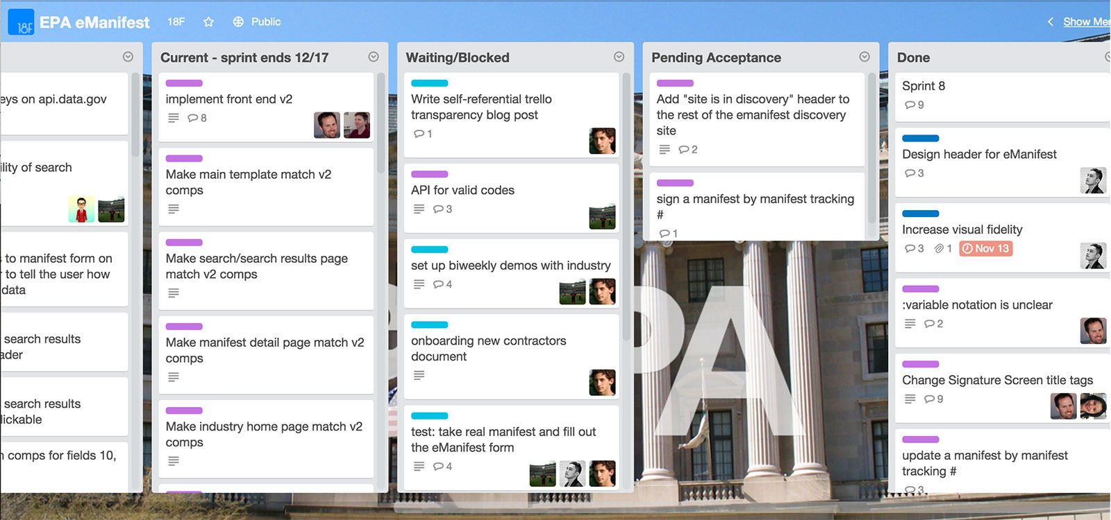 The public Trello board for the e-Manifest project