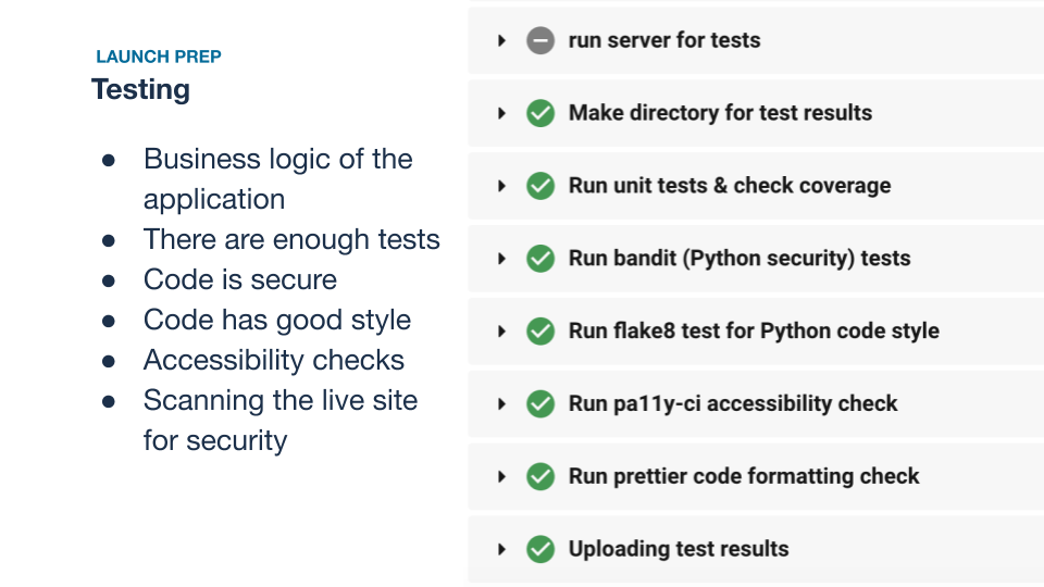 Launch prep testing guidance, including server, unit, and accessibility testing